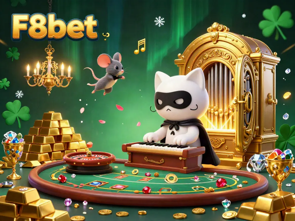 Experience the excitement of F8bet with a vibrant casino scene featuring a whimsical cat and treasures.