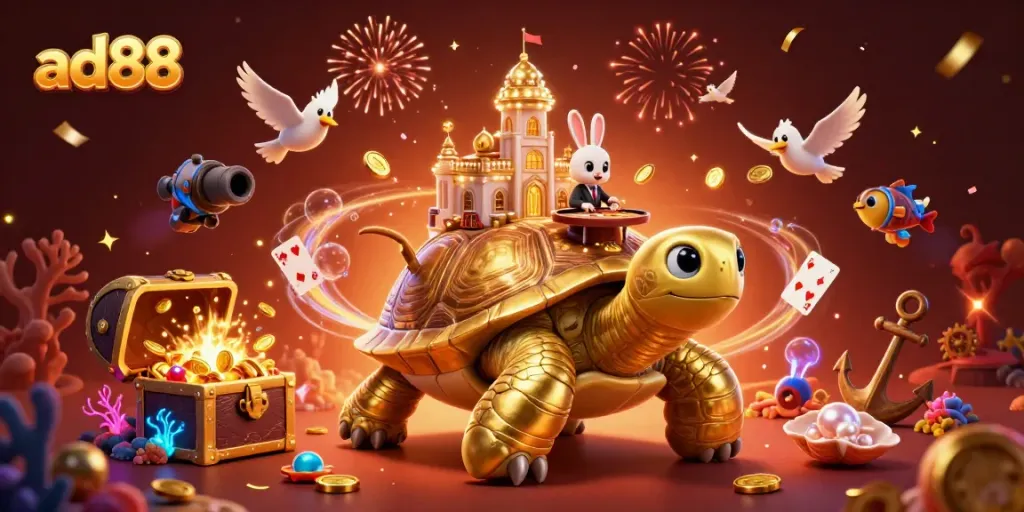 Catch the excitement with ad88’s vibrant casino scene featuring a golden tortoise and a rabbit dealer.