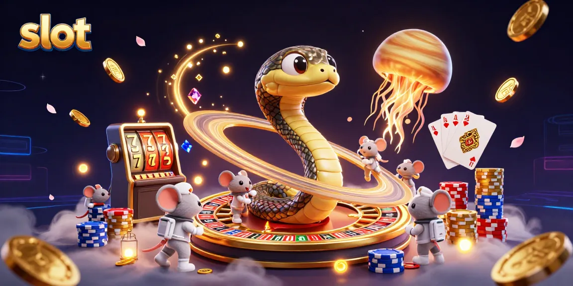 Spinning slot machine reels with lucky sevens as cosmic astronaut mice place bets in a vibrant casino scene