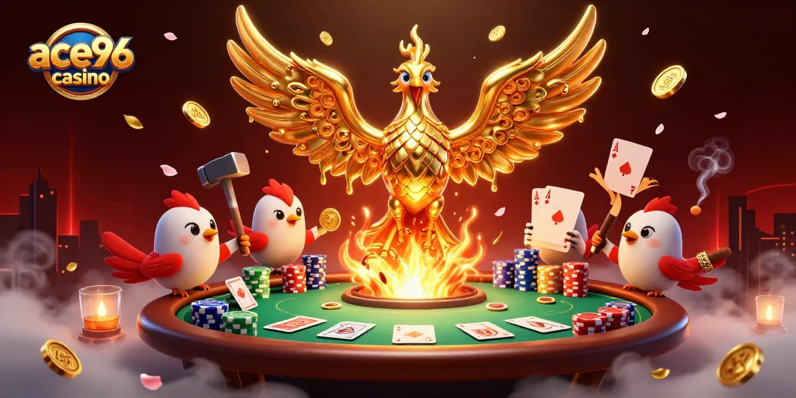 Engage with ace96 casino's vibrant gaming scene featuring golden phoenix, poker elements, and dynamic atmosphere.