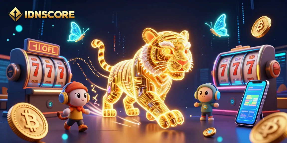 Experience the electrifying IDNSCORE casino with a dynamic golden tiger and neon gaming elements.