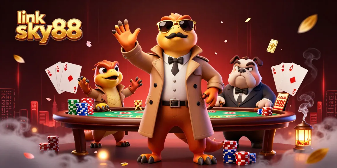 Engaging scene showing link sky88 as 3D raptors in a trench coat at a bustling casino.