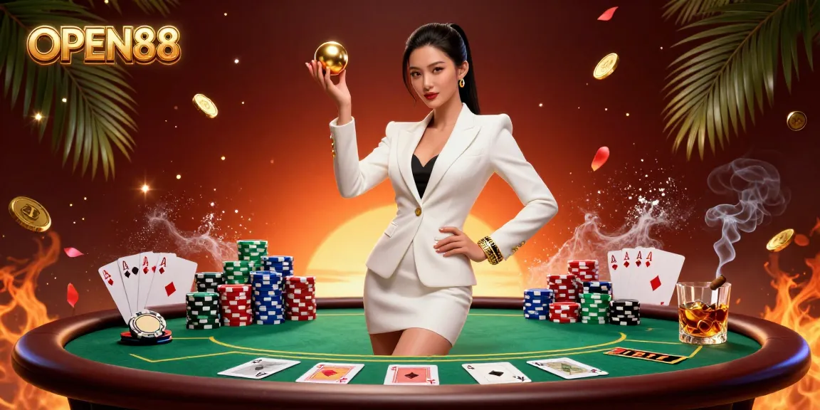 Experience the excitement of OPEN88 as a stunning woman plays roulette, surrounded by vibrant casino elements.