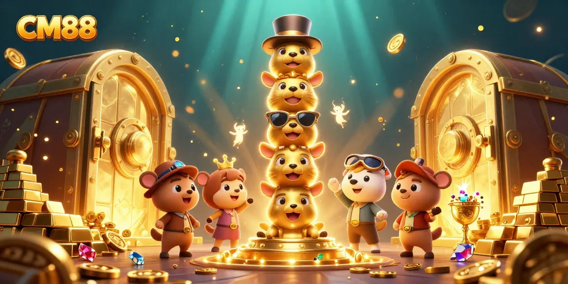 Spin the reels at CM88 with treasure and vibrant casino-themed elements in a dazzling illustration.