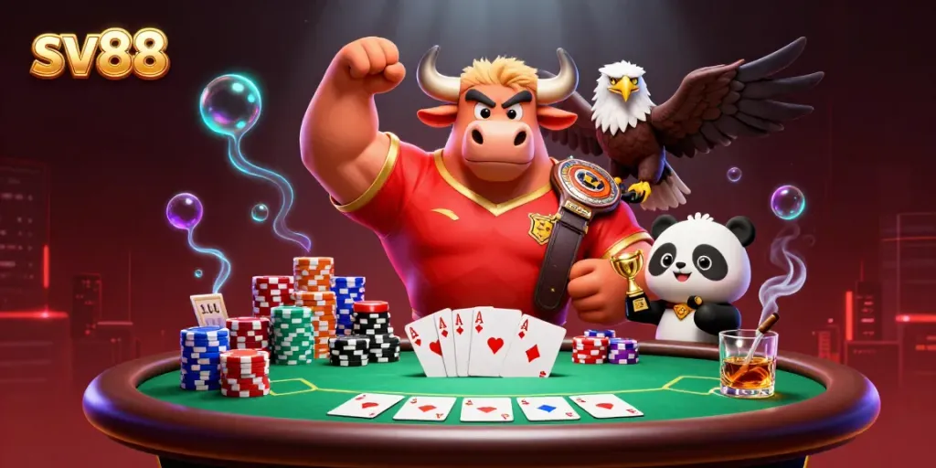 Experience winning excitement at sv88 with a dynamic scene featuring gaming characters and poker elements.