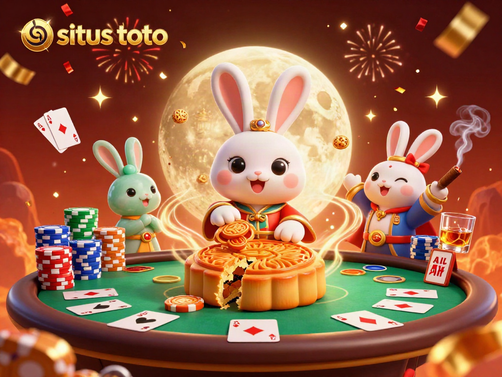 Experience the thrill of situs toto with a vibrant illustration of a moon rabbit crafting golden mooncakes revealing poker chips.