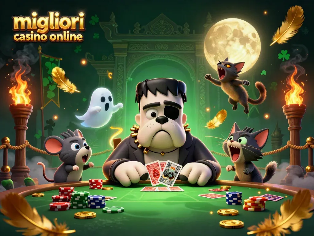 Gioca nei migliori casino online, con un bulldog Frankenstein e un topo fantasma in un'illustrazione fantastica.