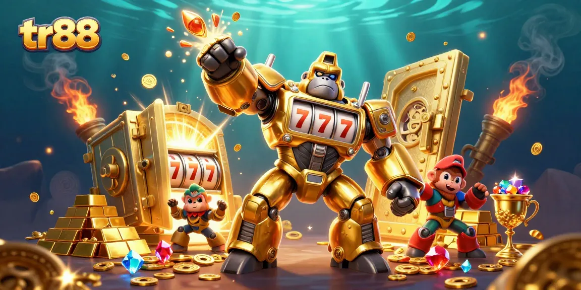 Experience thrilling gameplay with tr88 as a golden gorilla mech bursts with coins and jackpot symbols.
