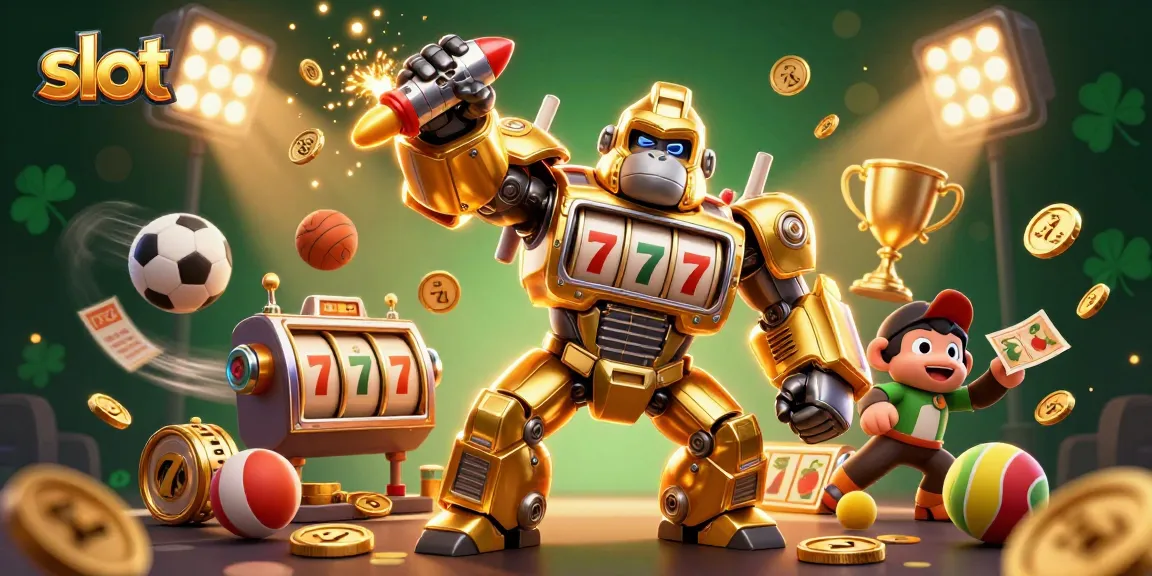Spin the reels of luck in this vibrant slot scene with a golden gorilla mech.