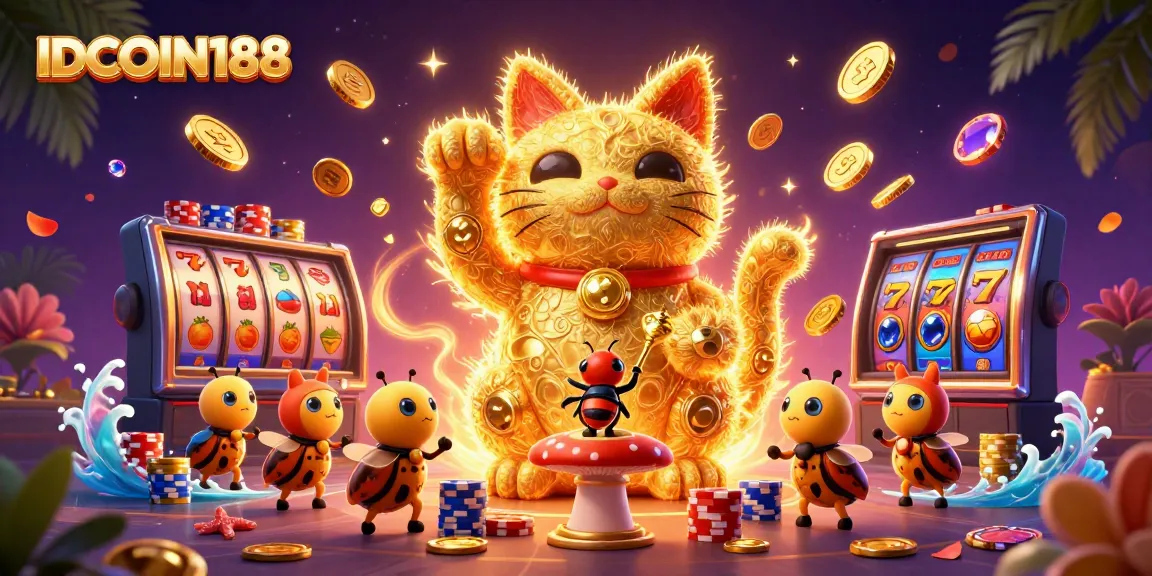 Experience thrilling gameplay at IDCOIN188 with vibrant visuals of a giant lucky cat made of fireflies among winning slot machine reels.