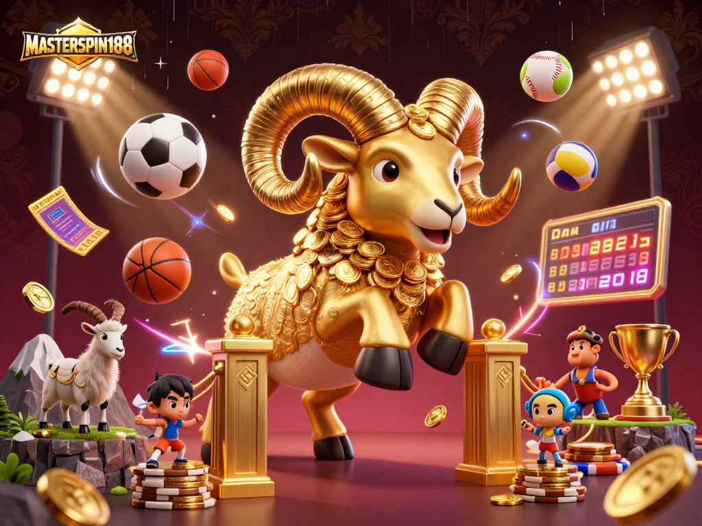 Bet on wins with MASTERSPIN188 at a vibrant 3D casino scene filled with dynamic sports elements.