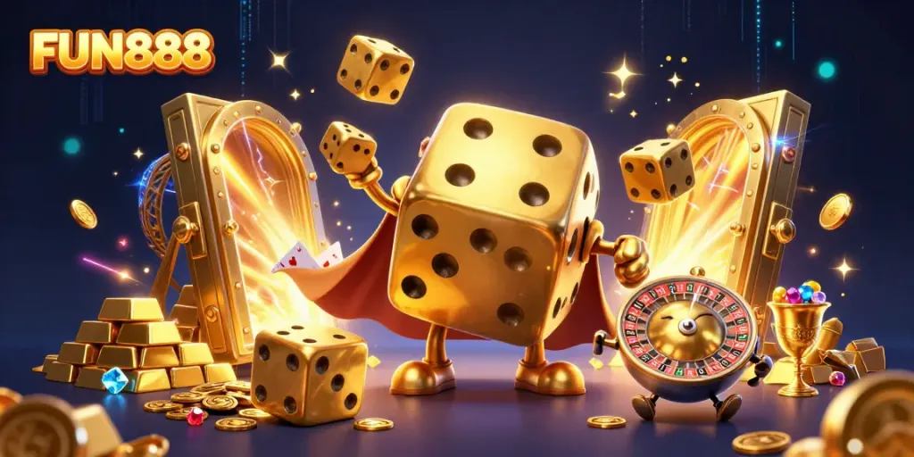 Engage with the exciting FUN888 gaming experience illustrated through dynamic characters and rich casino elements.