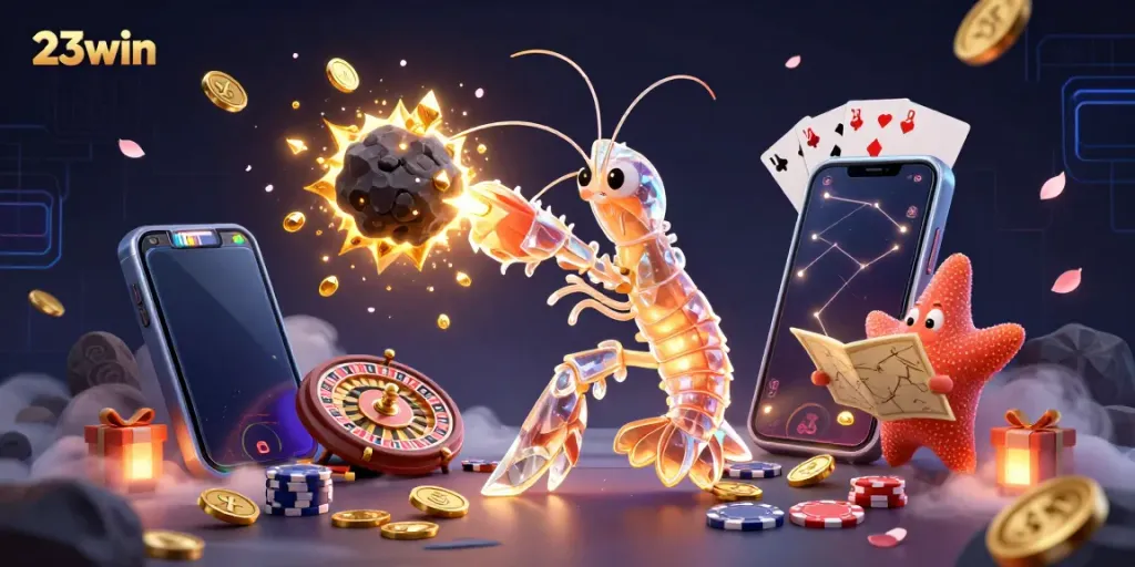 Experience thrilling gaming at 23win, featuring vibrant 3D illustrations of samurai mantis shrimp and dynamic casino elements.