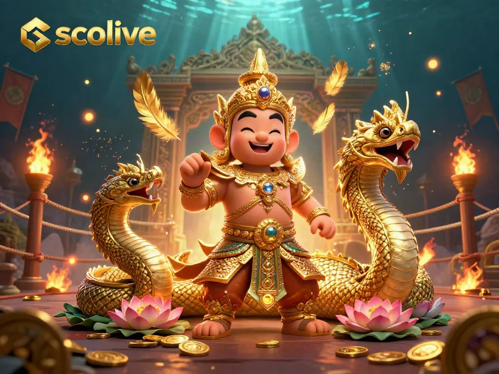 Socolive live-streaming casino scene with a friendly temple guardian, Naga serpents, and golden gaming elements.