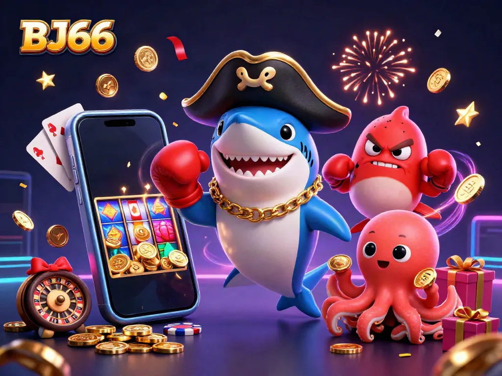 Experience the thrill of BJ66 with pirate shark, pufferfish, and octopus amidst casino excitement.