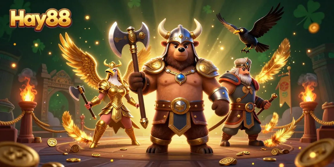 Engage in thrilling action at Hay88 with a dynamic 3D scene of epic characters and casino elements.