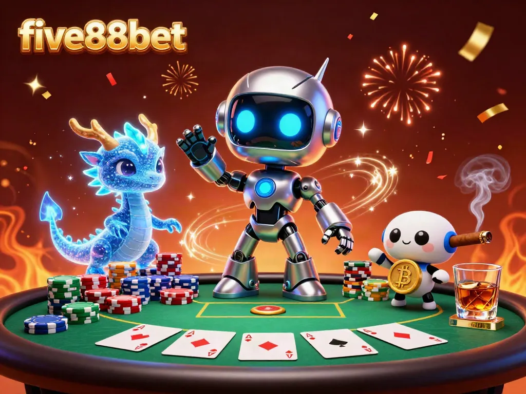 Engage with the five88bet themed 3D illustration showcasing a cyberpunk robot and gaming elements.
