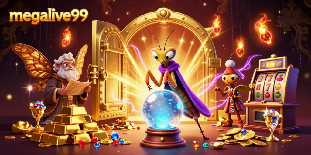 Megalive99 menyajikan ilustrasi berwarna-warni tentang petualangan di dunia kasino yang megah.