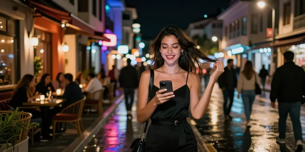 Izmir bayan escort welcoming clients in Karşıyaka's vibrant nightlife.