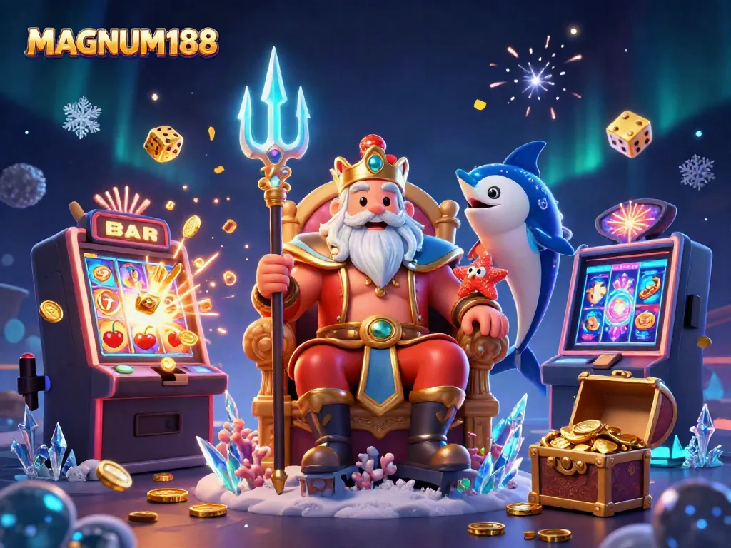 Experience thrilling slot action with MAGNUM188 featuring sea king Neptune in a vibrant casino scene.