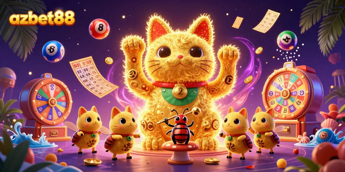 Experience the excitement of azbet88 with dynamic colorful lottery elements and a giant lucky cat illustration.