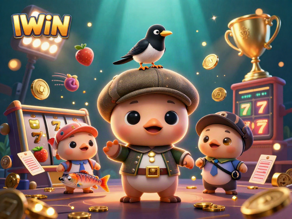 IWIN engages players with vibrant 3D cartoon gaming scene showcasing slots, colorful characters, and action.