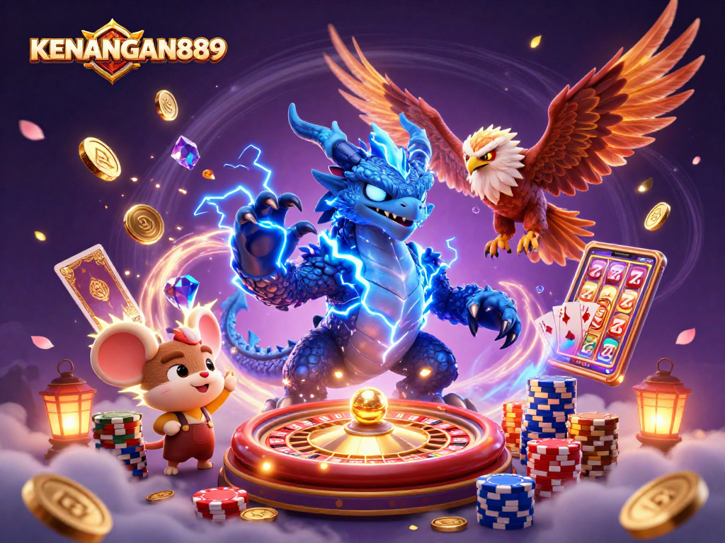 Spin to win at KENANGAN889 with a dynamic 3D illustration showcasing electrifying casino action.