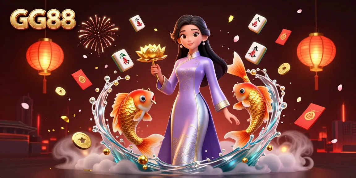 Experience GG88's vibrant gaming world with an elegant Asian character in a dynamic casino scene.