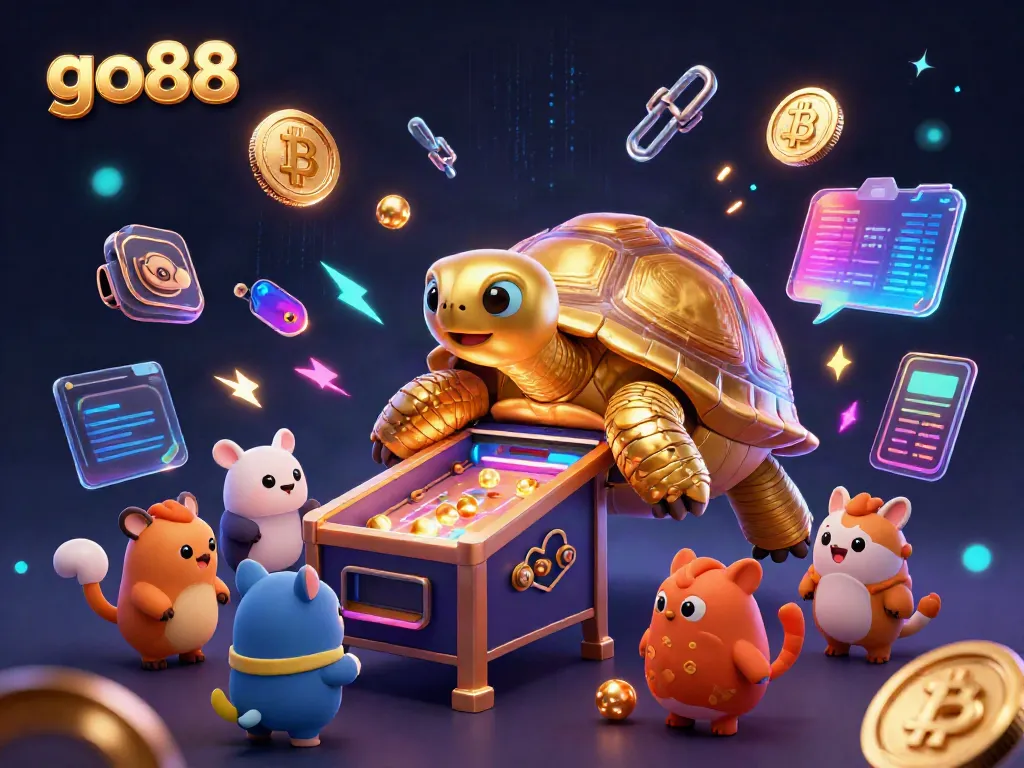 Engage with the thrilling experience of go88, featuring a colossal golden tortoise and vibrant crypto elements.