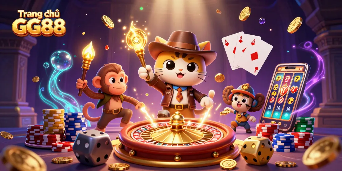 Engage with the thrilling scenes of Trang chủ GG88 as a cartoon cat explores casino treasures with dynamic gaming elements.