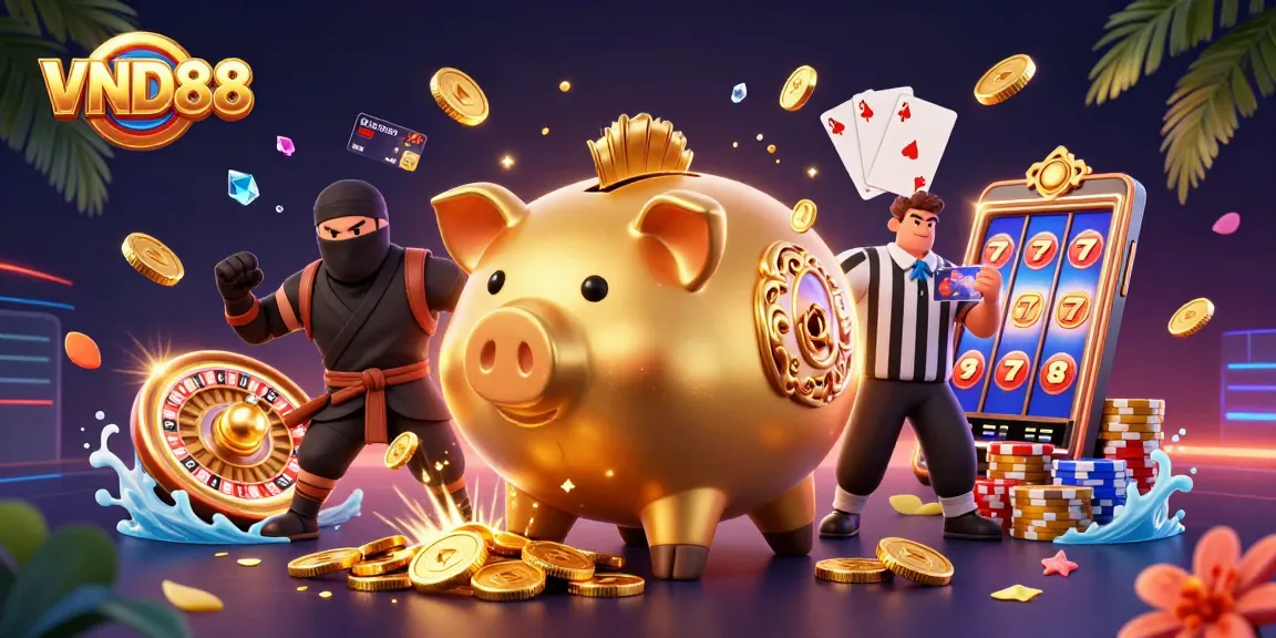Win big at VND88 with our animated characters amidst cascading gold coins and vibrant casino elements.