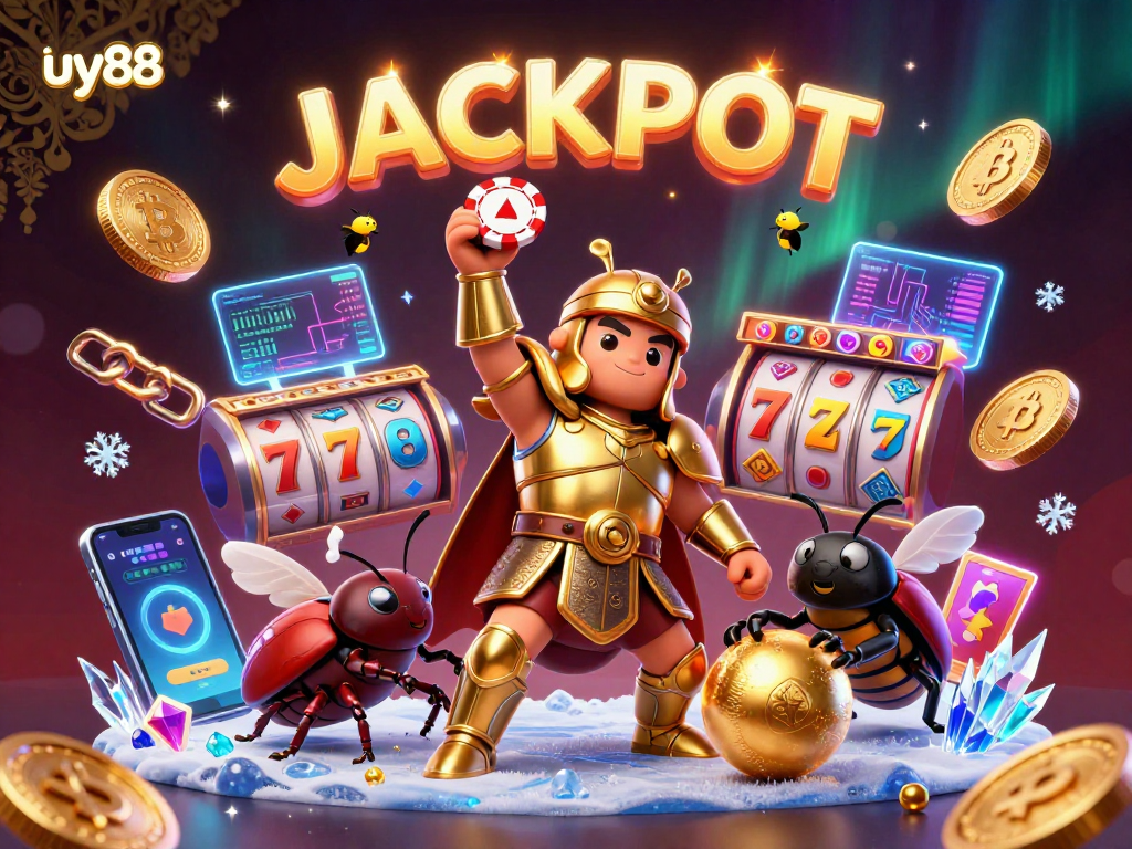Spin the reels at uy88 with a victorious beetle in golden armor celebrating a jackpot!