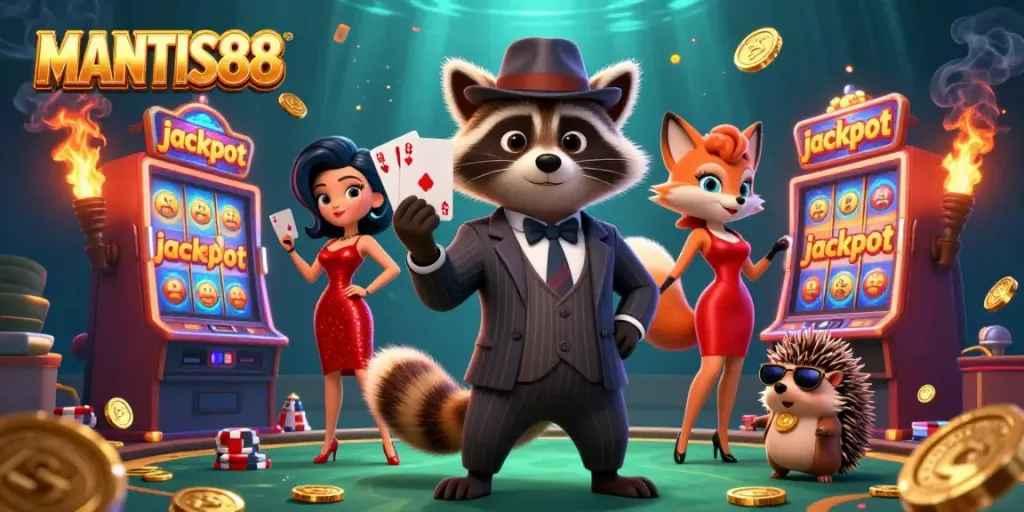 MANTIS88's exciting gaming scene showcases a raccoon, fox, and hedgehog enjoying a royal flush with vibrant slot machines and gold coins.