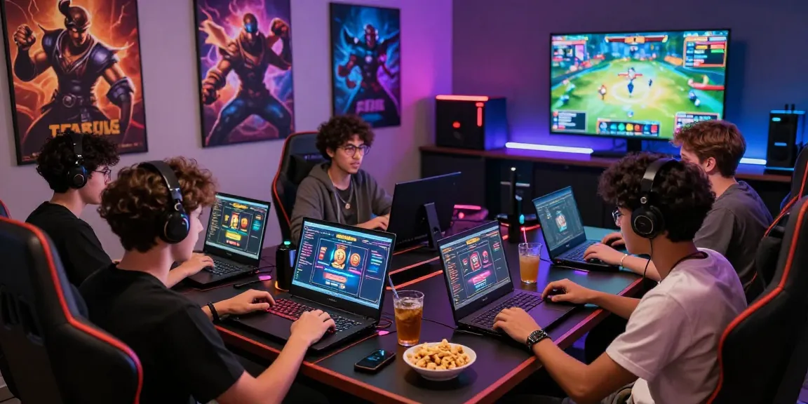 Group enjoying situs slot games at a vibrant gaming table, snacks and drinks around.