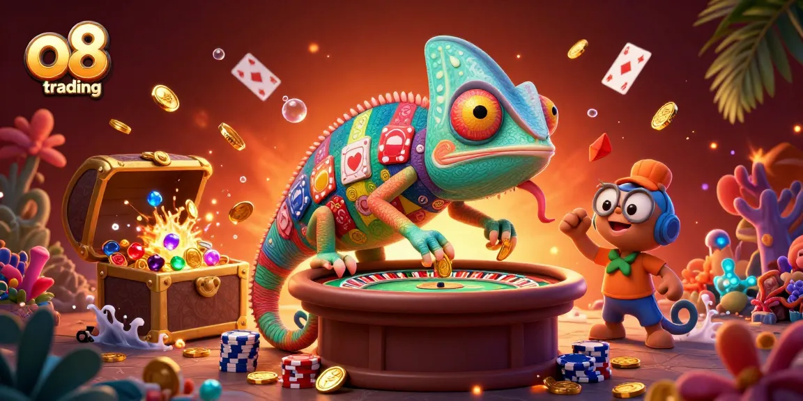 Engage in thrilling o8 trading action with colorful casino elements in a vibrant 3D scene.