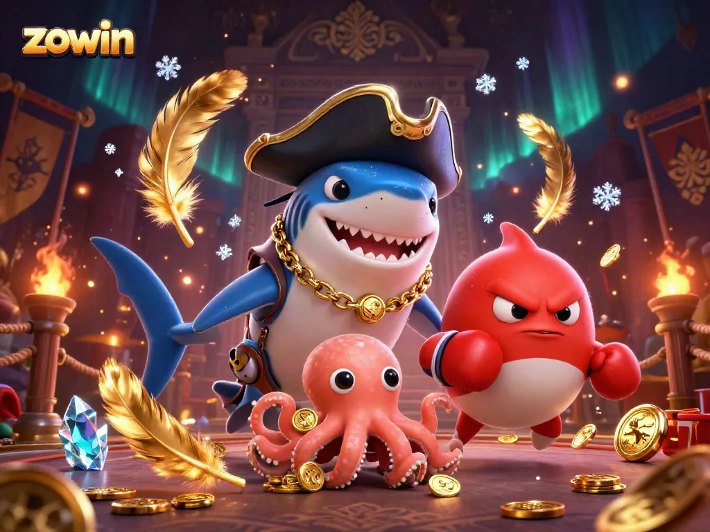 Zowin casino adventure featuring a pirate shark and friends amidst dynamic gaming elements.