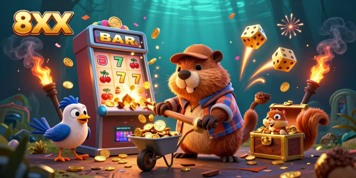 Engage with thrilling 8XX casino adventures as cartoon characters enjoy a slot jackpot explosion.