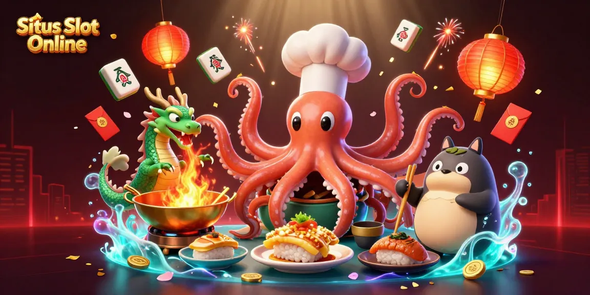 Situs Slot Online scene illustrating characters in vibrant casino setting, featuring octopus chef, dragon, and tanuki.