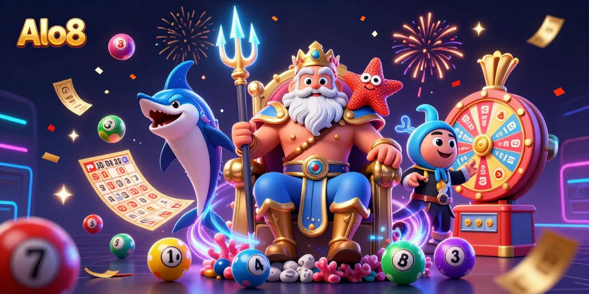 Experience gaming excitement with Alo8's vibrant illustration featuring a sea king and dynamic lottery elements.