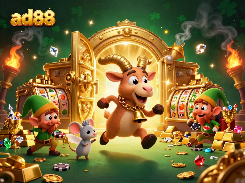 Play thrilling games at ad88 casino featuring festive Krampus with elf gremlins and treasure