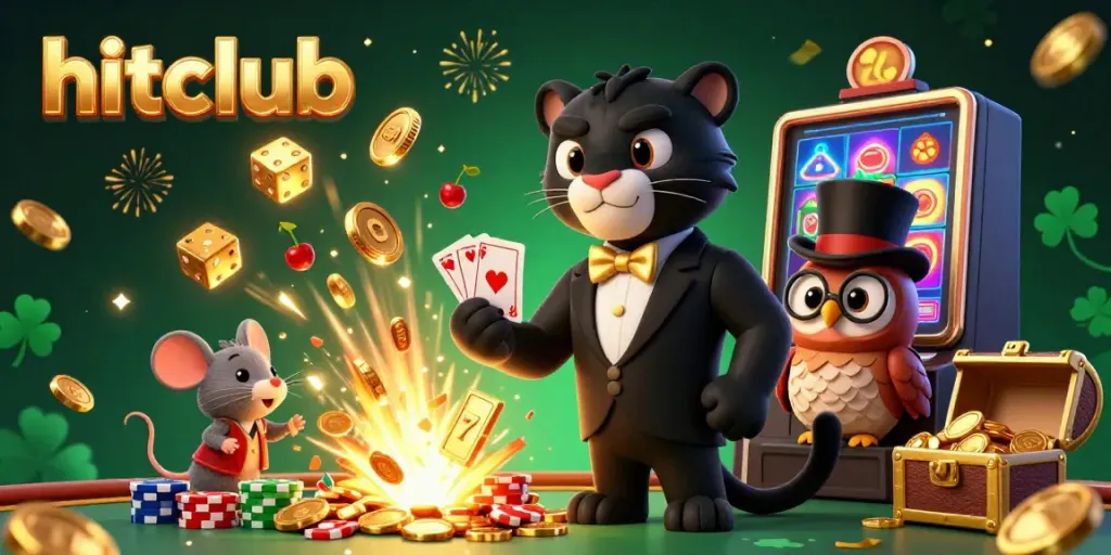 Experience hitclub as a stylish panther deals cards amidst a jackpot explosion of coins and fun casino elements.