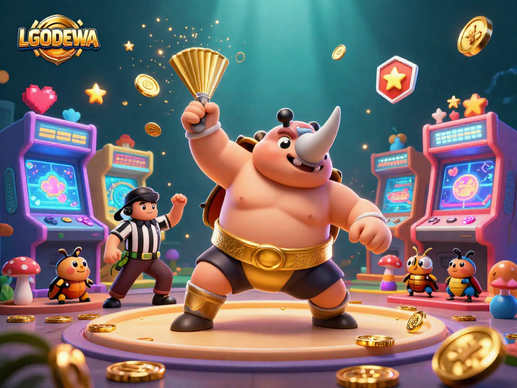 Experience the thrill of LGODEWA with a 3D cartoon beetle sumo champion amidst a vibrant casino scene.