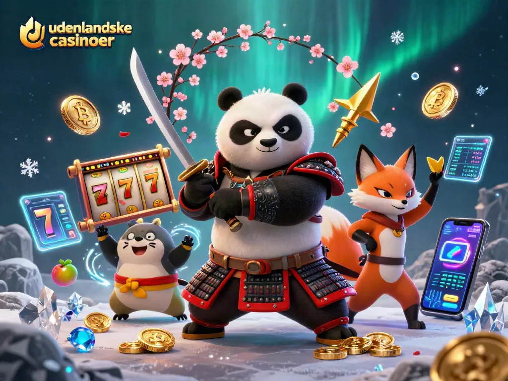 Engage in the fun of udenlandske casinoer with vibrant samurai panda and ninja fox gaming illustration.