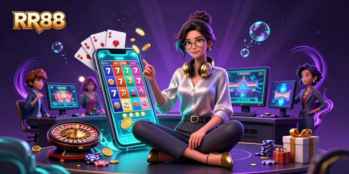 Engage in thrilling games at RR88 featuring dynamic scenes of spinning slot reels and excited players.