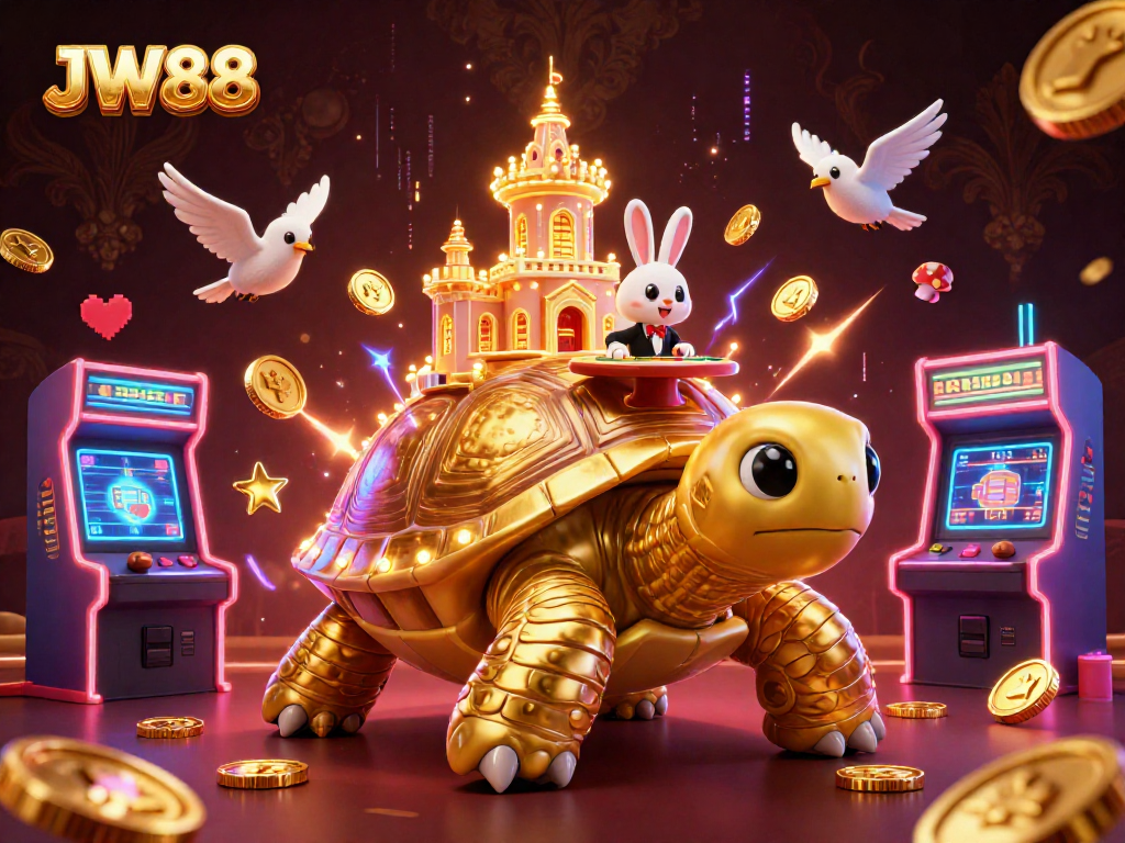 Experience the JW88 casino adventure with charming tortoise and rabbit dealer amidst golden treasures.