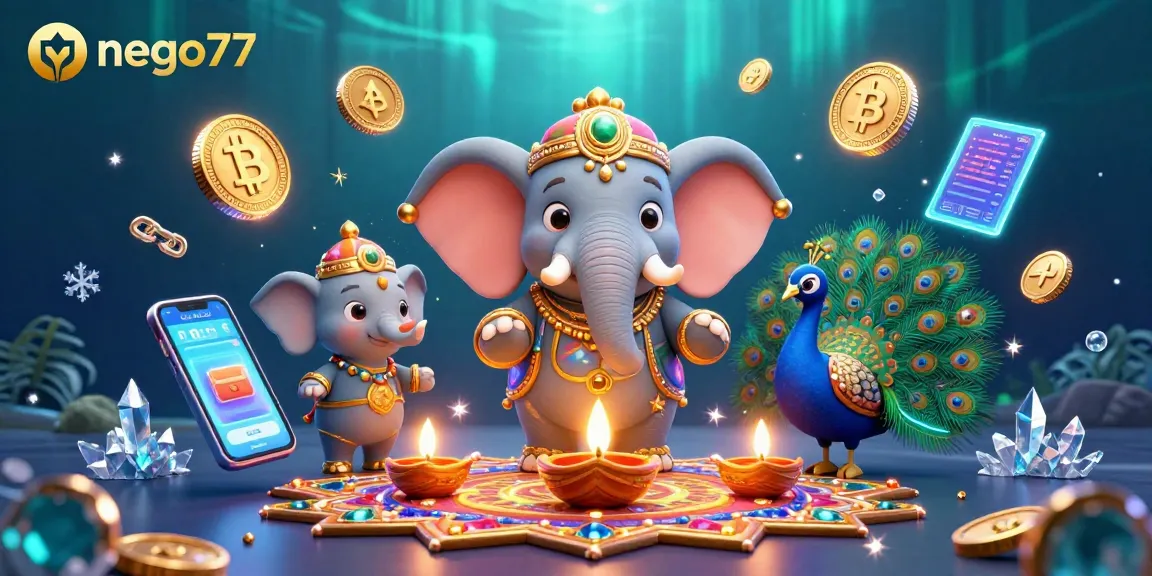 Engage with nego77’s vibrant casino world featuring an elephant and peacock amidst crypto-rich gaming elements.