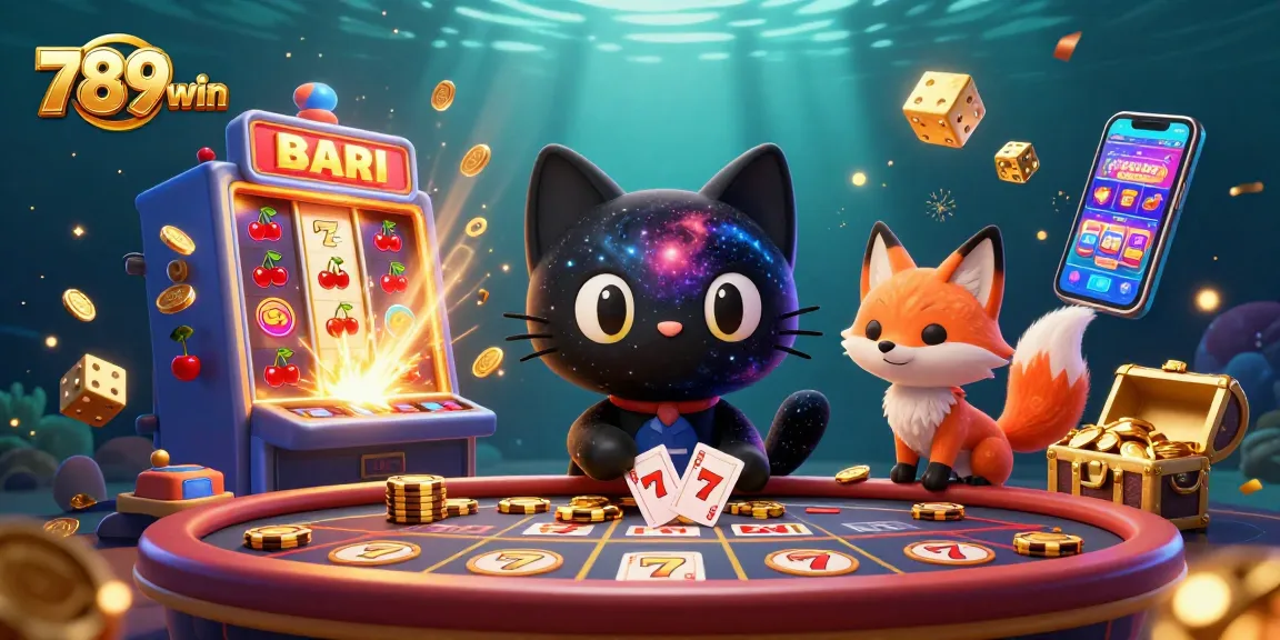 Experience an exciting casino atmosphere with 789win's cosmic black hole cat and colorful fox, winning golden chips.