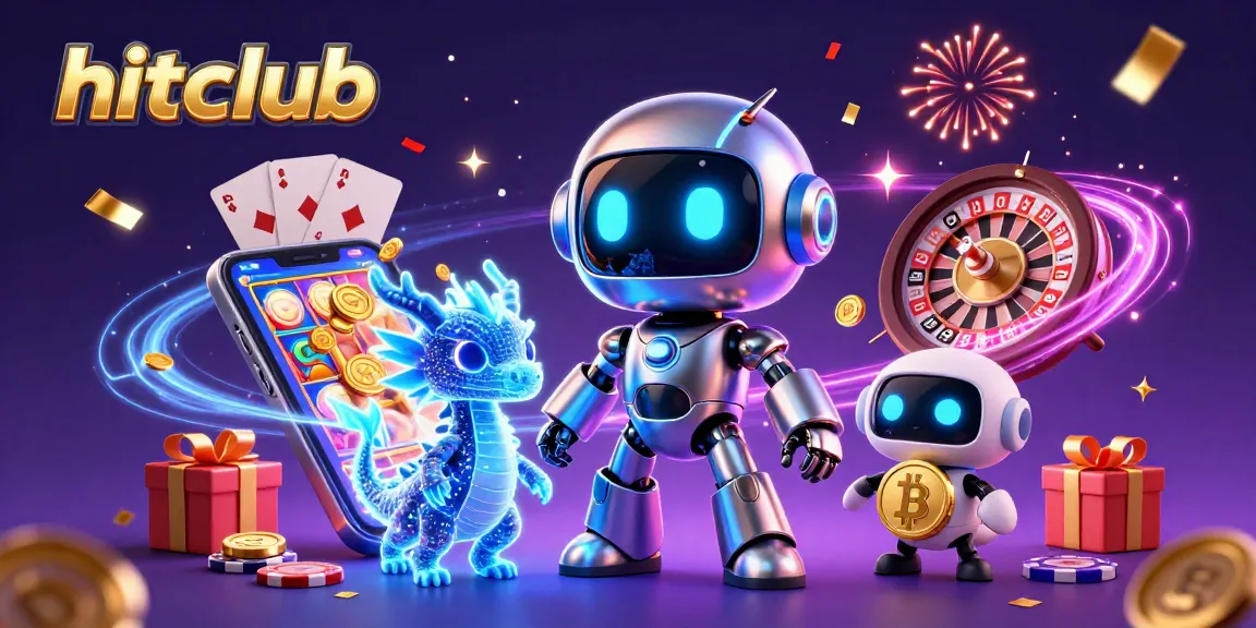 Experience hitclub's exciting gaming with a futuristic robot and digital companions amidst vibrant casino elements.
