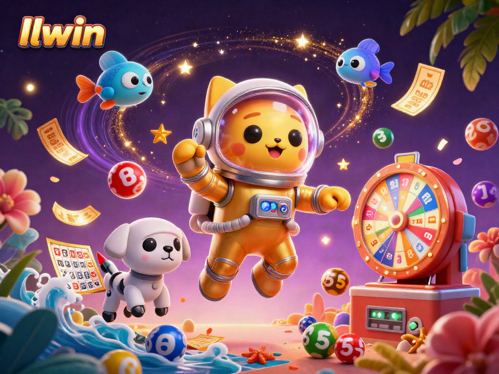 llwin gaming experience featuring astronaut cat and robot dog amidst colorful lottery excitement