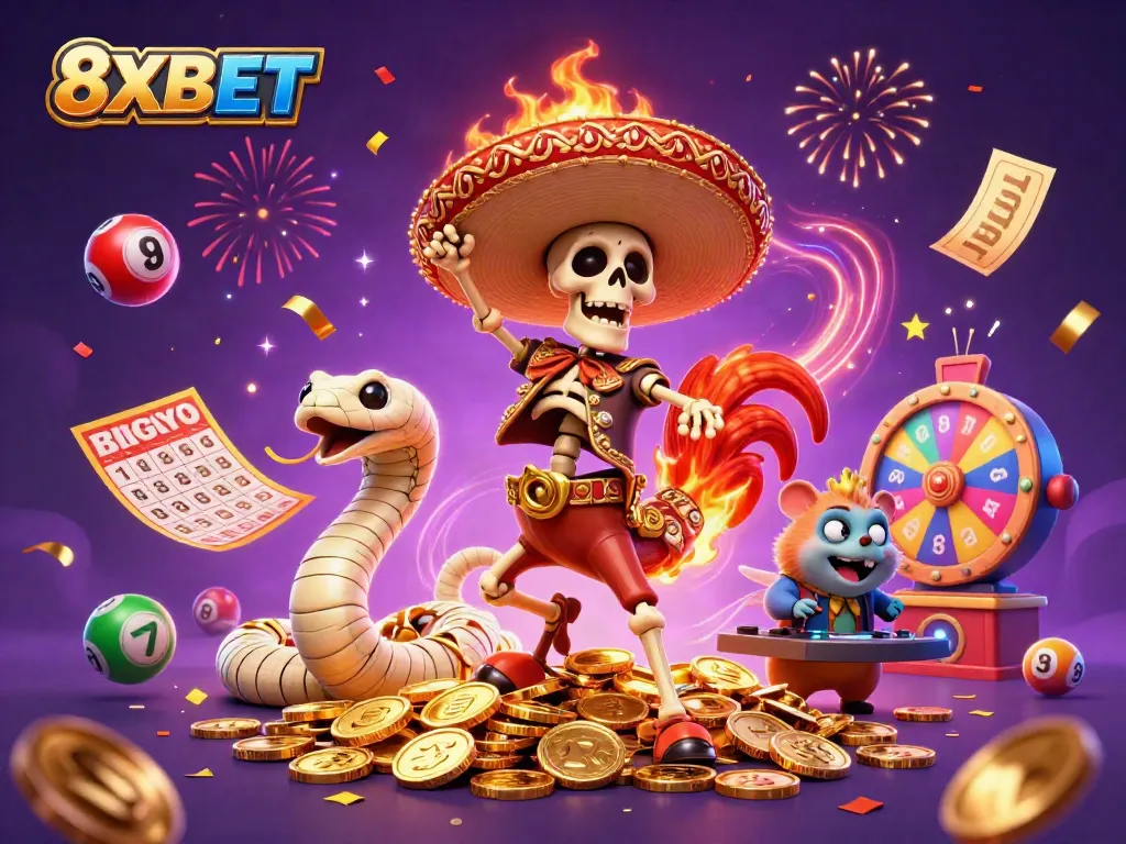 Join the fun at 8XBET with a celebration of gaming elements and vibrant characters